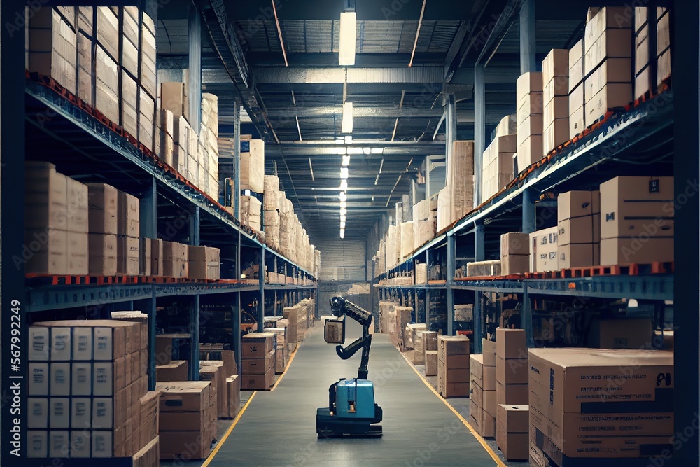 Poster a warehouse with a robot moving a cart in it's center aisle and boxes on the shelves behind it a sto