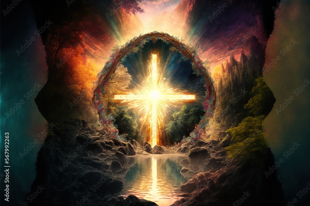 Poster a cross is in the middle of a painting of a mountain lake and a forest with trees and rocks and a br