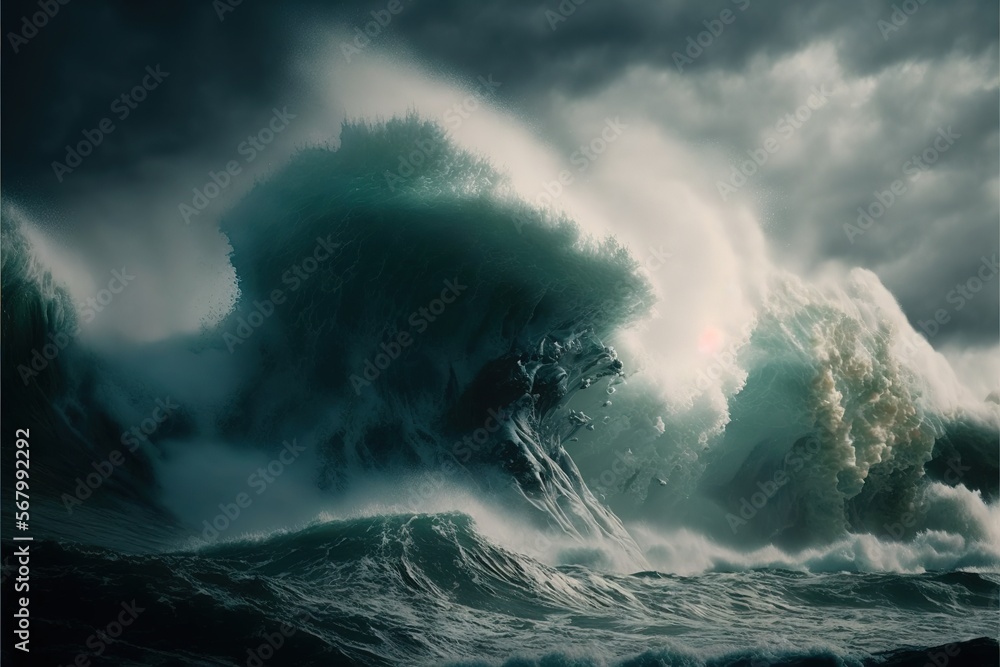 Poster a large wave crashing into the ocean with a sky background and a sun in the distance above it with a