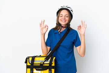 Lithuanian woman with thermal backpack in zen pose