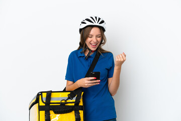 Lithuanian woman with thermal backpack with phone in victory position