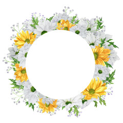Hand-drawn watercolor wreath with white and yellow chrysanthemum with gypsophila