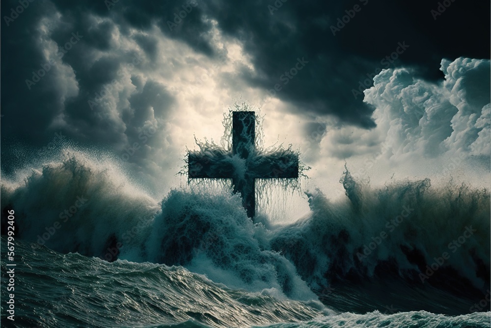 Aufkleber a cross in the middle of a stormy ocean with waves crashing around it and a dark sky above it with c