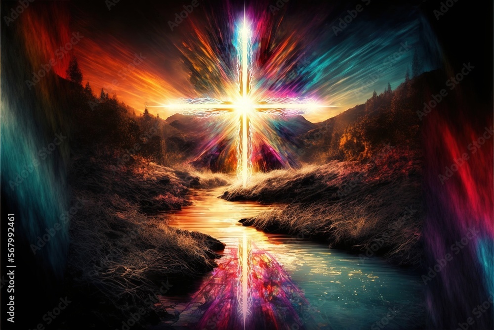 Poster a cross is reflected in a river with a mountain in the background and a colorful sky above it with a
