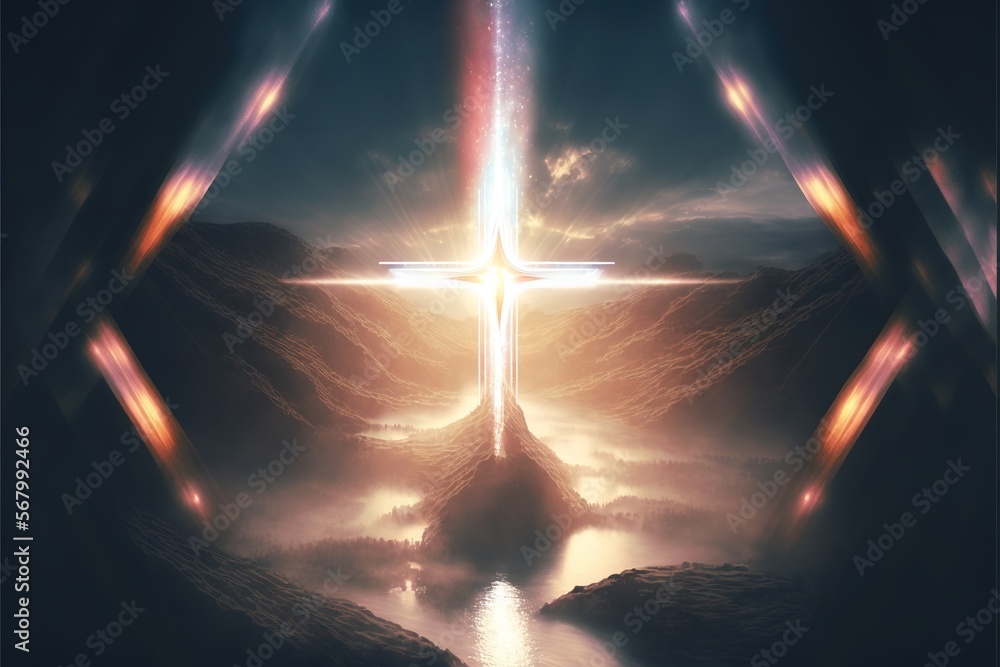 Poster a cross in the middle of a mountain with a river below it and a sky background with clouds and a sun