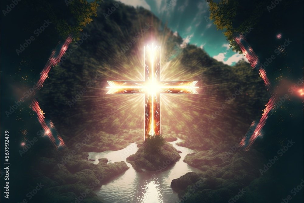 Poster a cross is shown in the middle of a river with a mountain in the background and a stream running thr