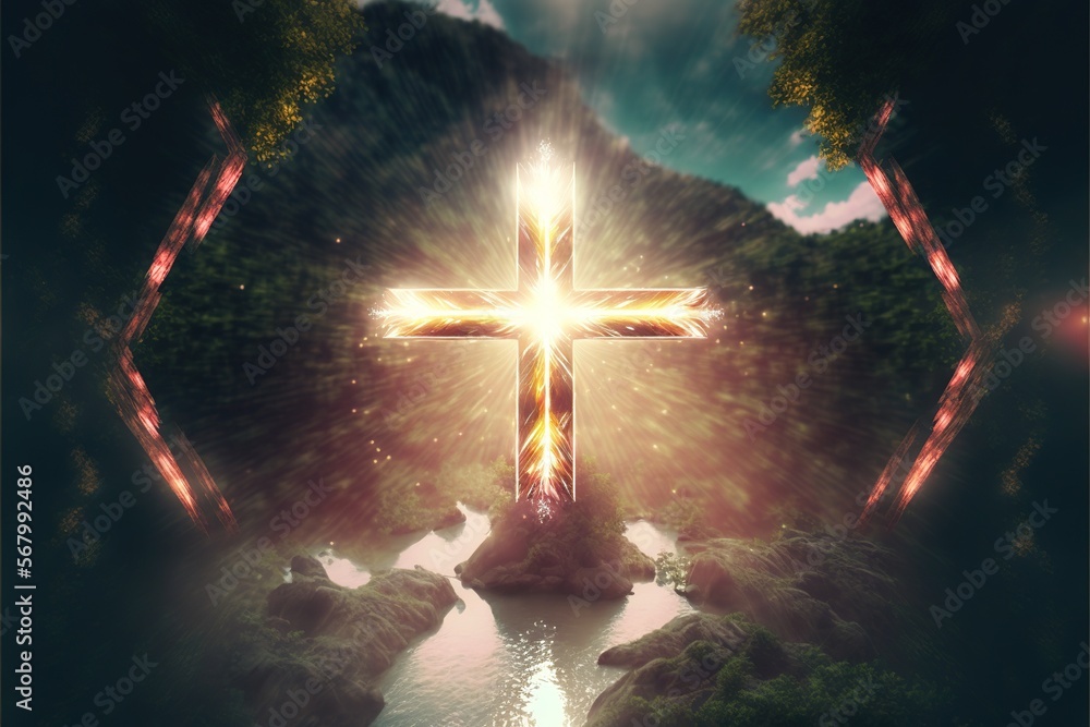 Aufkleber a cross is shown in the middle of a river with rocks and trees around it with a bright light shining