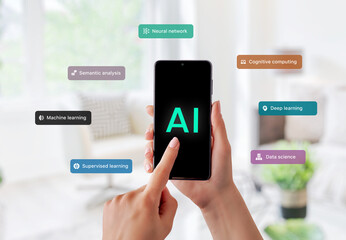 Smart phone, showcasing the use of AI technology such as semantic analysis, deep learning, neural networks, machine learning, supervised learning. Integration of AI into everyday devices