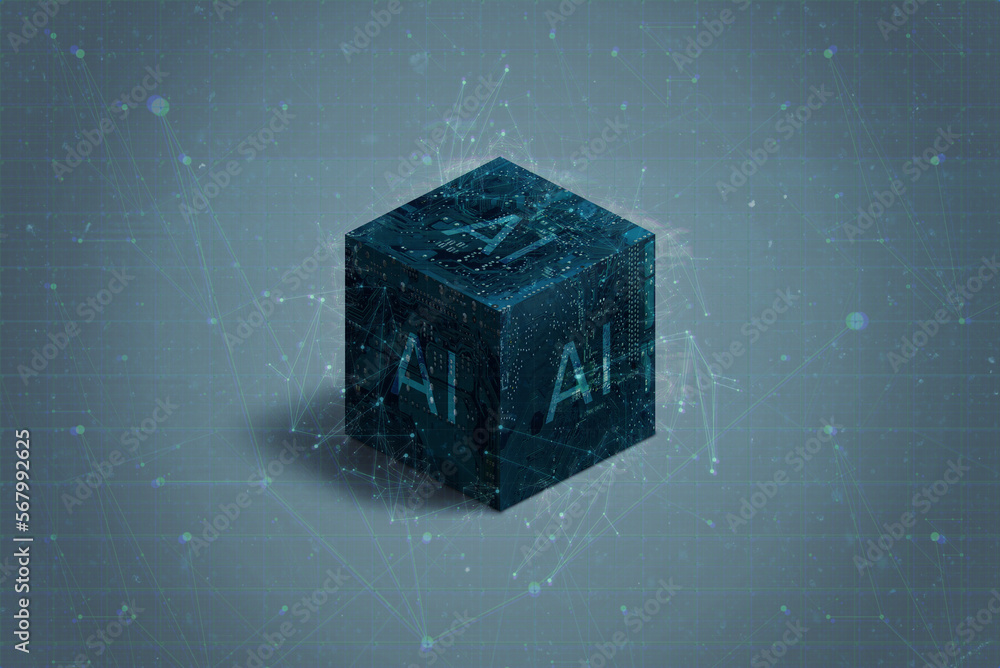 Poster abstract, futuristic electronic cube, representing the concept of artificial intelligence. the cube'