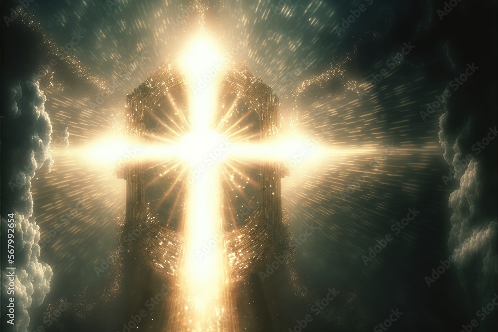 Aufkleber a cross is shining in the sky with clouds around it and a light shining from the center of the cross