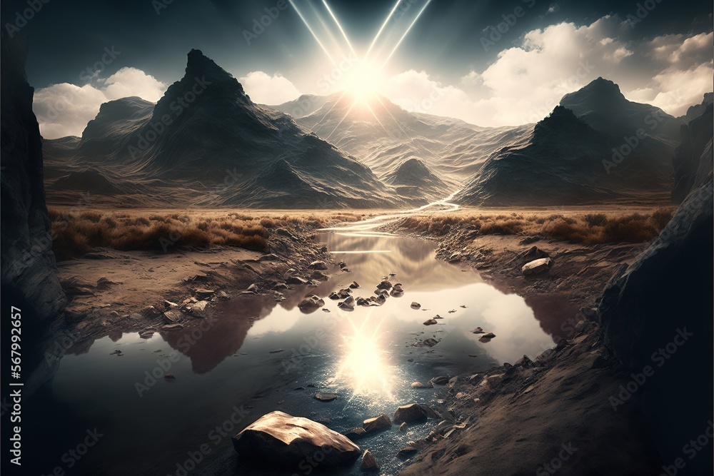 Poster a painting of a mountain range with a river running through it and a sun shining through the clouds 