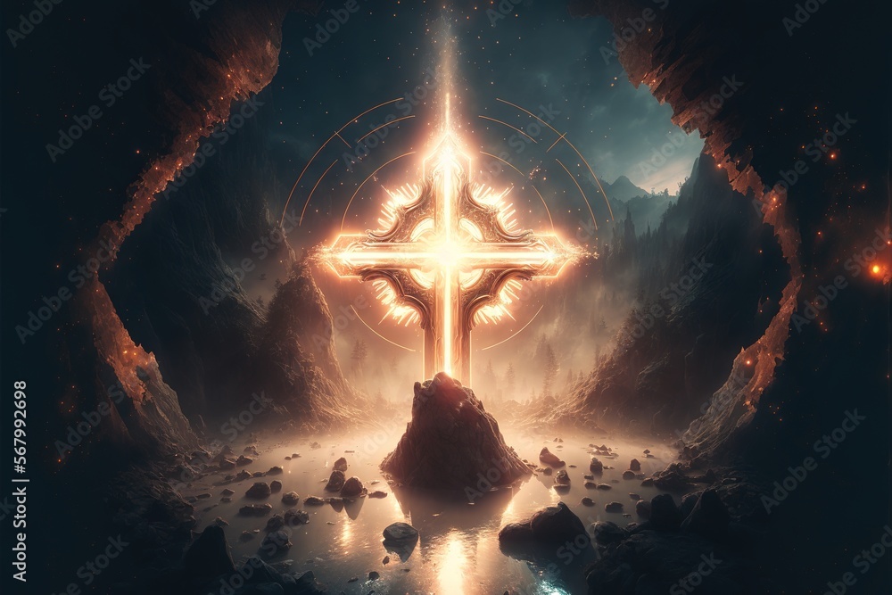 Poster a cross in a cave with a glowing light coming from it's center surrounded by rocks and boulders with