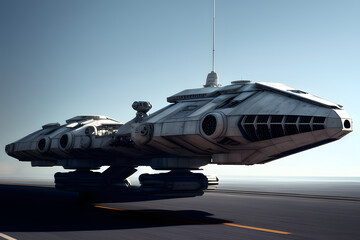 Obraz premium military spaceship standing on the airfield preparing to launch generated by generative ai 