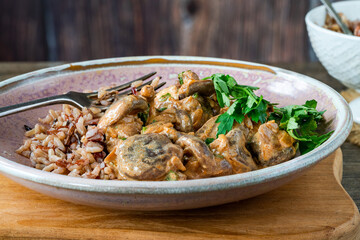 Creamy mushroom stroganoff with wild rice