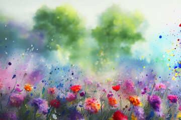 Fototapeta na wymiar Watercolors flowers background, abstract flowers made from whatercolor paint splashes, 3d illustration impressionism style. Generative AI.