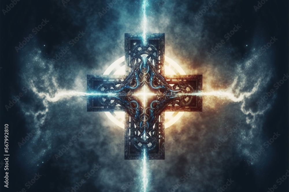 Poster a cross with a glowing light in the middle of it and a blue background with clouds and stars around 