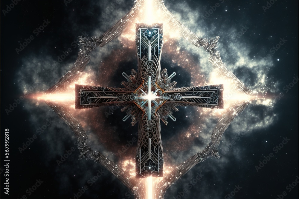 Aufkleber a cross with a star in the middle of it in the middle of a dark background with clouds and stars con