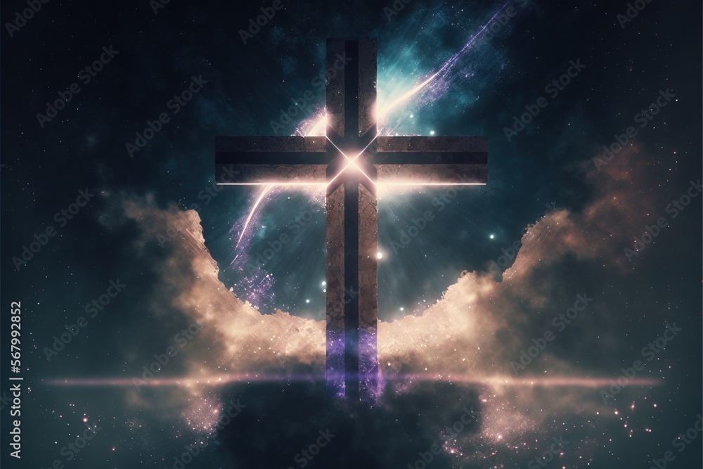 Poster a cross in the sky with clouds and stars around it and a star in the middle of the cross with a brig