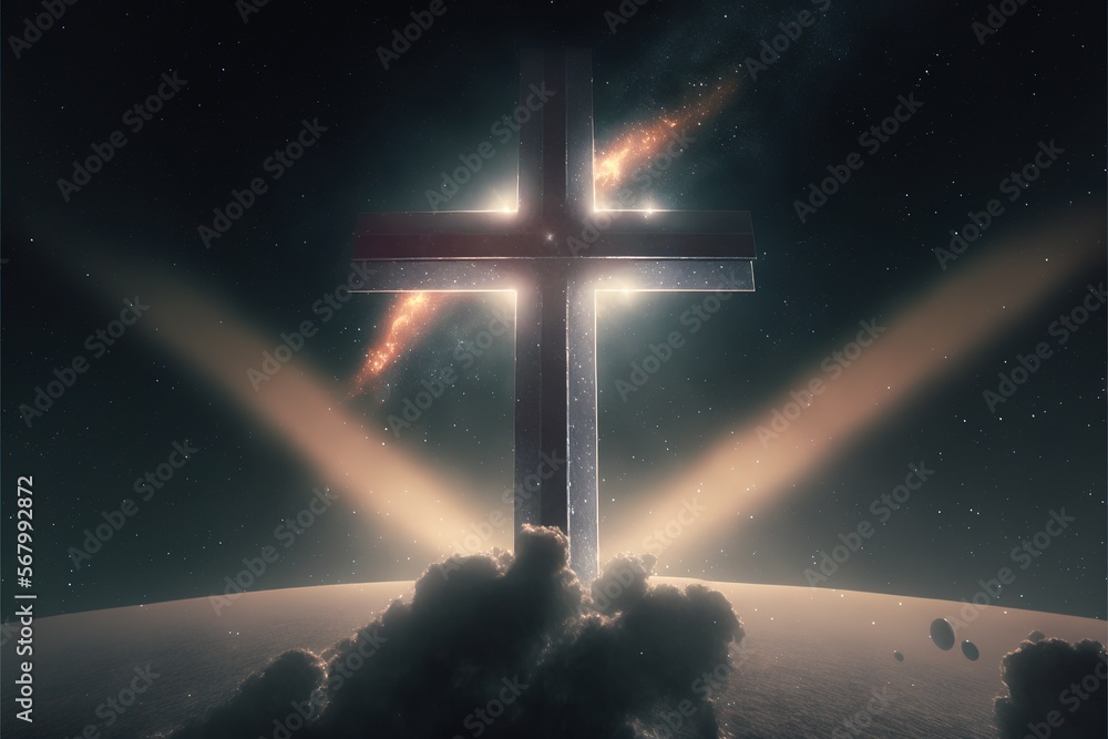 Poster a cross on a hill with a sky background and clouds in the foreground with a bright light coming from