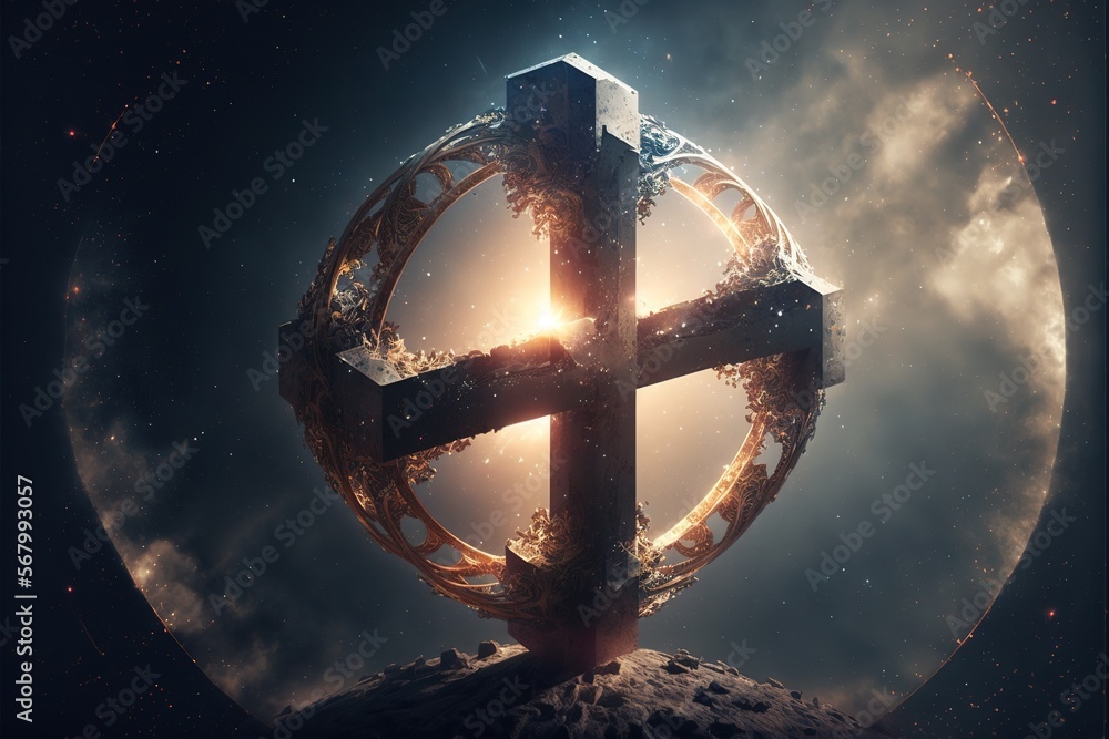 Aufkleber a cross in the middle of a circle of fire and ice with a sky background and clouds around it with a 
