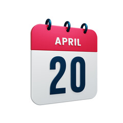 April Realistic Calendar Icon 3D Rendered Date April 20