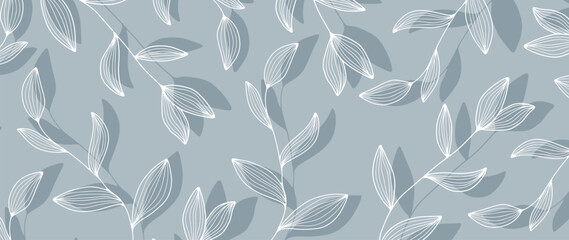 Stylish and minimalistic floral background in pale blue shades with branches and leaves for design, decor, print