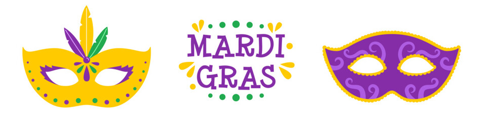 Vector Mardi Gras set with text and two carnival masks. Carnival mask with feathers and purple mask. Design for fat tuesday. Colorful masquerade illustration for traditional holiday or festival.