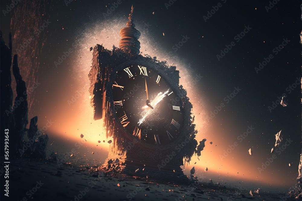 Poster a clock tower with a clock on it's face surrounded by debris and debris in the background with a dar