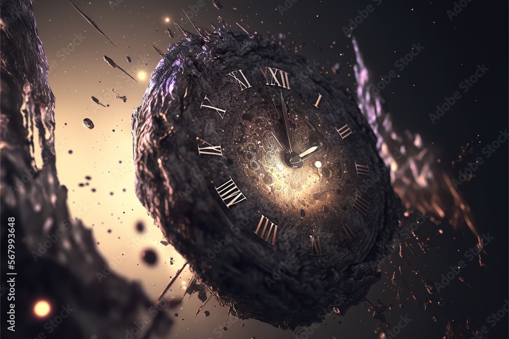Poster a clock that is in the air with a lot of dust around it and a lot of stars around it a 3d render kin