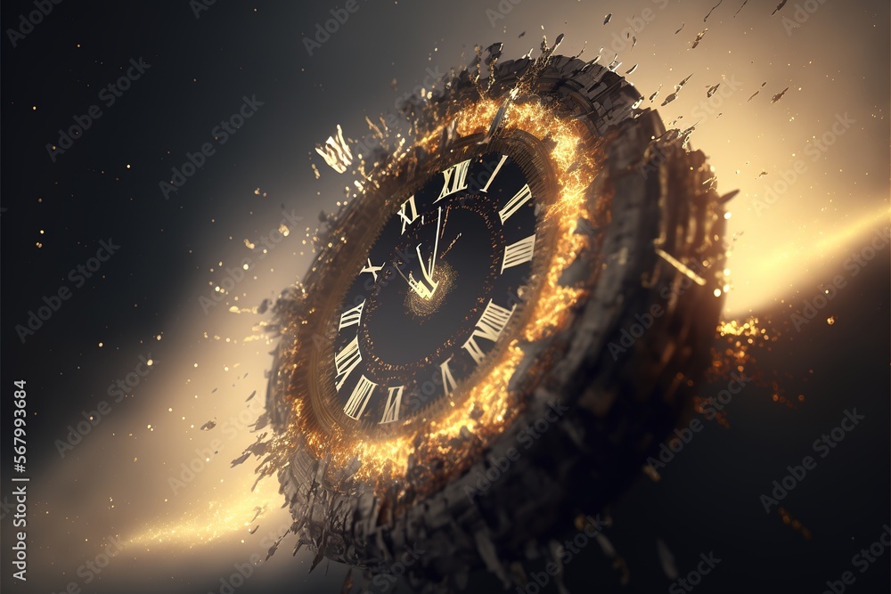 Poster a clock that is in the air with a lot of fire around it and a black background with a yellow and whi