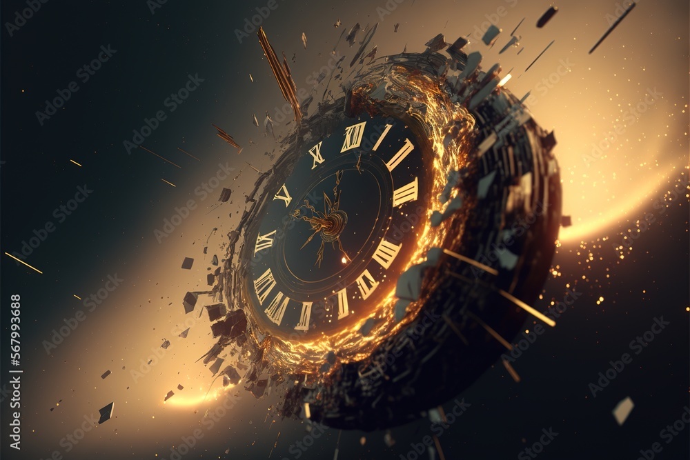 Poster a clock that is in the middle of a space with a lot of debris around it and a lot of lights a 3d ren