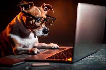 Cute dog looking at laptop in glasses, image ai midjourney generated