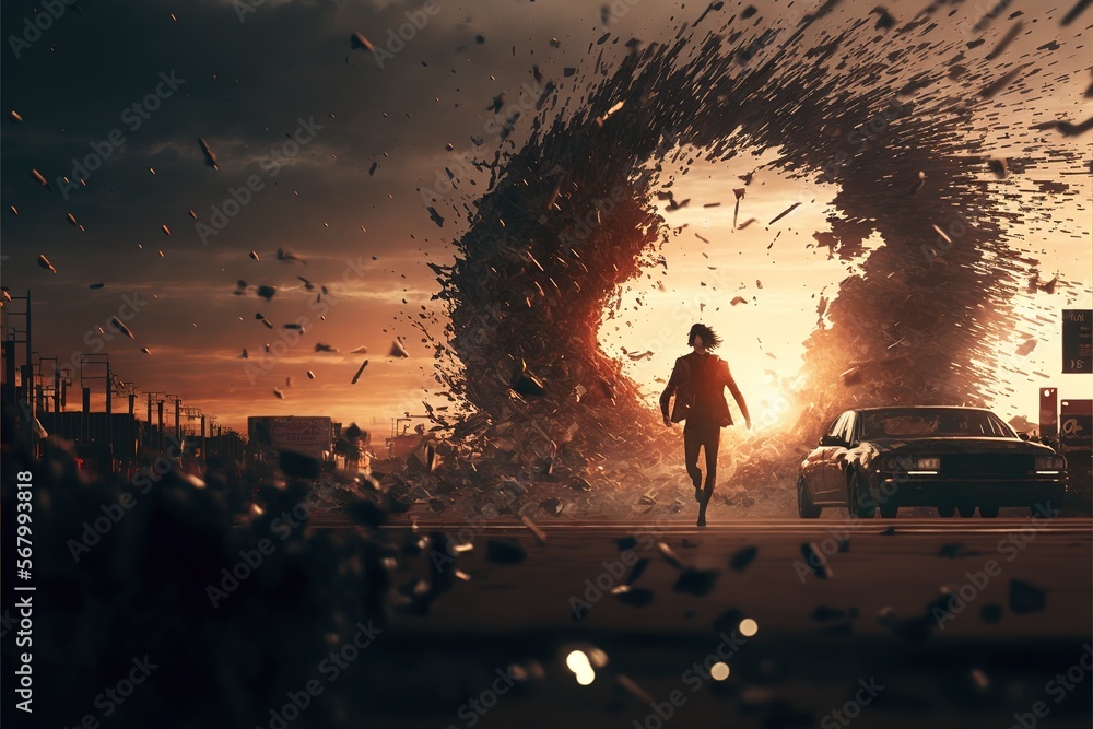 Aufkleber a man walking through a giant twisted tree like structure in the middle of a city at sunset or dawn 