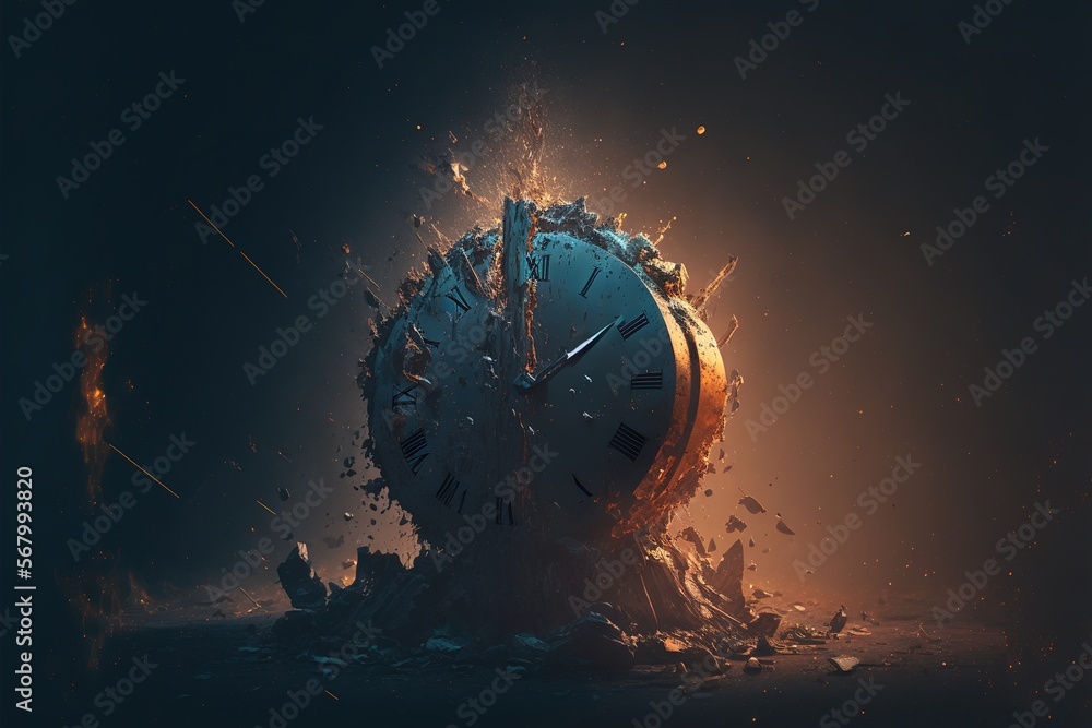 Poster a clock that is exploding in the dark with a lot of debris around it and a light shining on the cloc