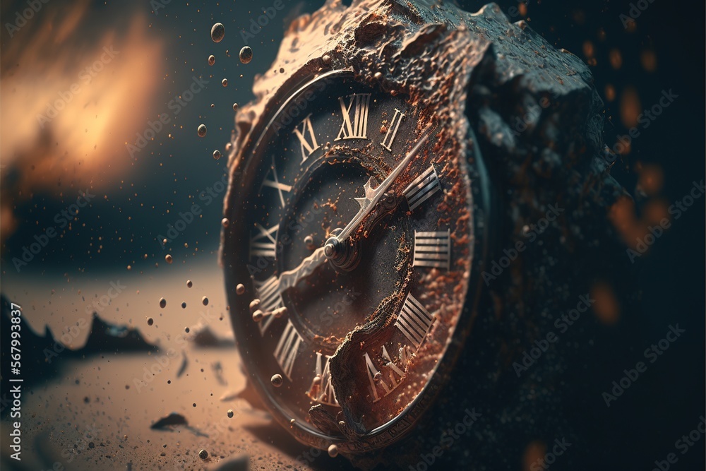 Poster A clock that is sitting on a table with water droplets around it and a dark background with a light shining on it a 3d render kinetic art Digital Art renderer