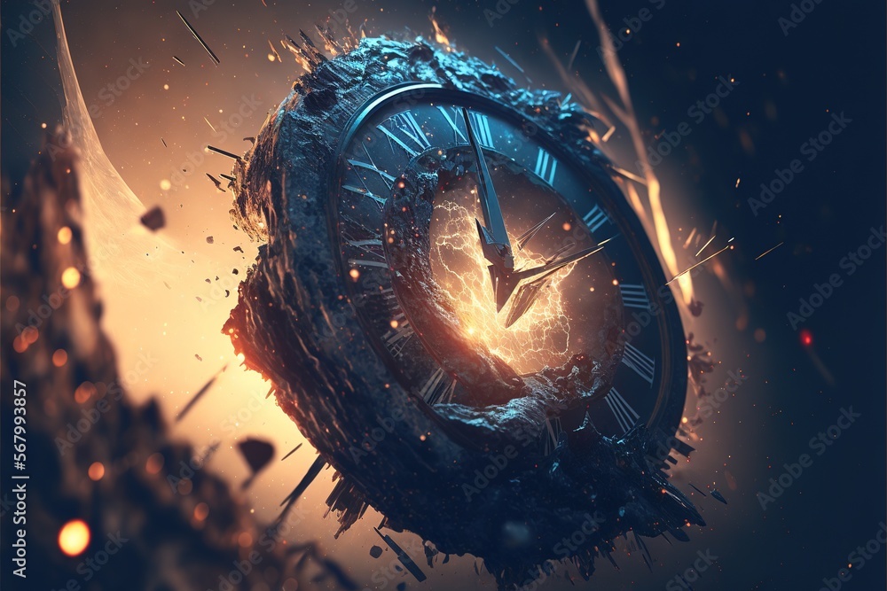 Poster a clock with a hole in the middle of it with a sky background and a star burst around it with a dark