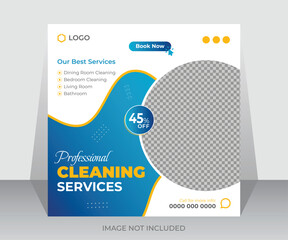 Cleaning service social media post banner template. House, Office, and hotel cleaning social media square banner or web ads poster design 