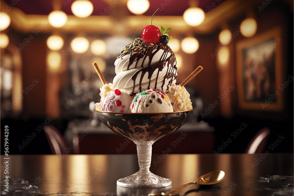 Poster a dessert sundae with chocolate vanilla and cherries on top of it on a table with a spoon a 3d rende
