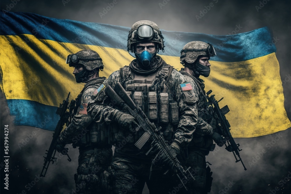 Poster a group of soldiers standing in front of a flag with a gas mask on their face and a gun in their han