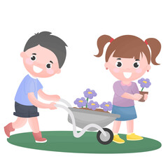 girl and boy kid planting flower