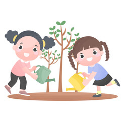 two girls kid planting tree
