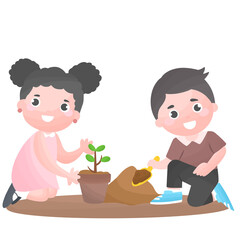 volunteers, girl and boy kid planting tree