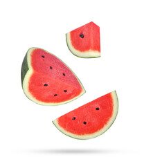 Slices of watermelon falling in the air isolated on transparent background. PNG