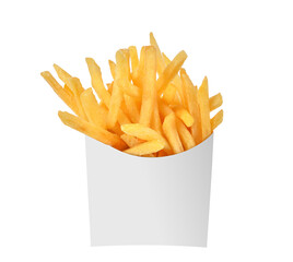 French fries in a white paper box isolated on transparent background. PNG