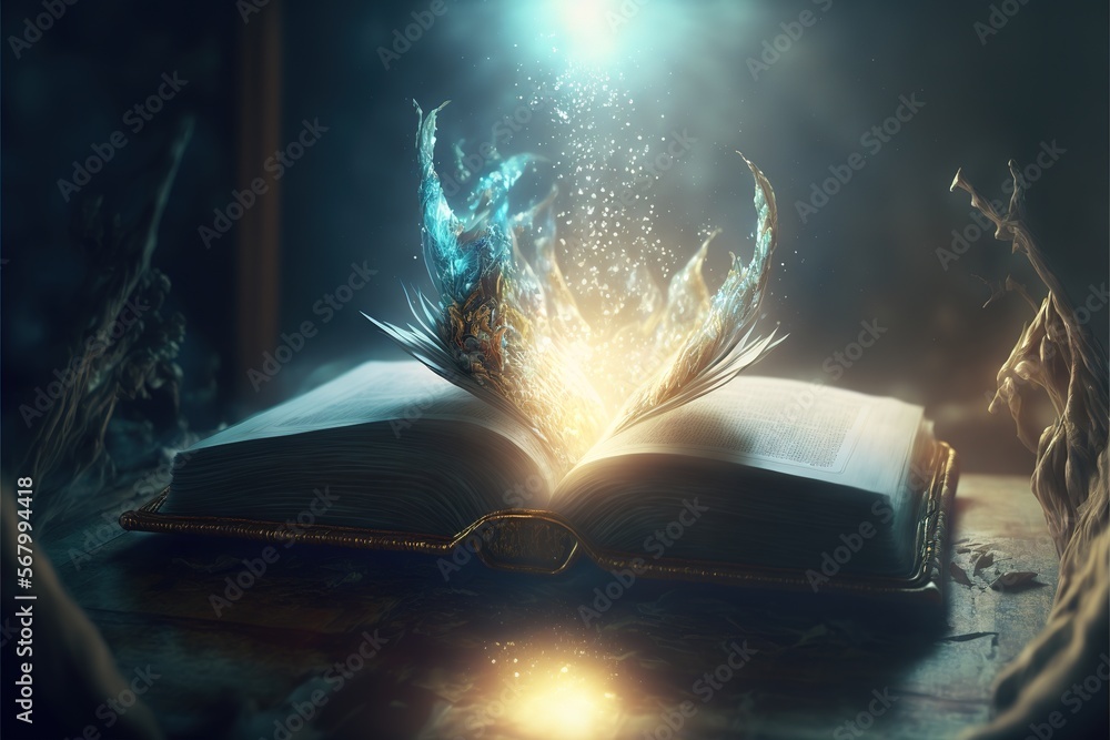 Poster an open book with a glowing light coming out of it on a table with a candle and a candle holder a 3d