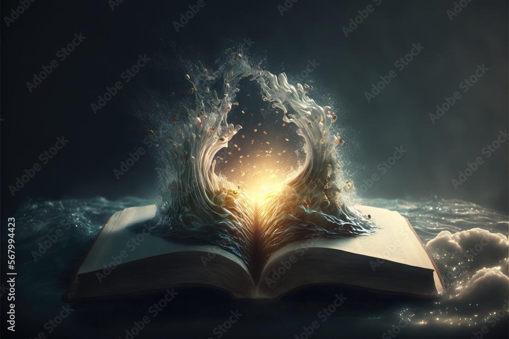 Poster an open book with a light coming out of it on top of water and clouds in the background with a glowi