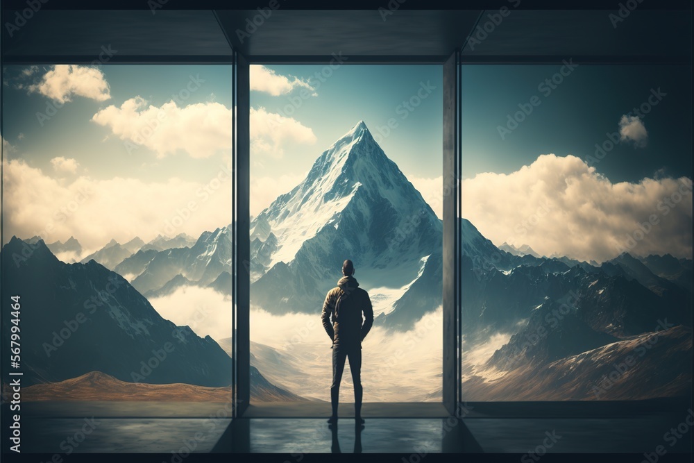 Aufkleber a man standing in front of a window looking out at a mountain range with a sky background and clouds