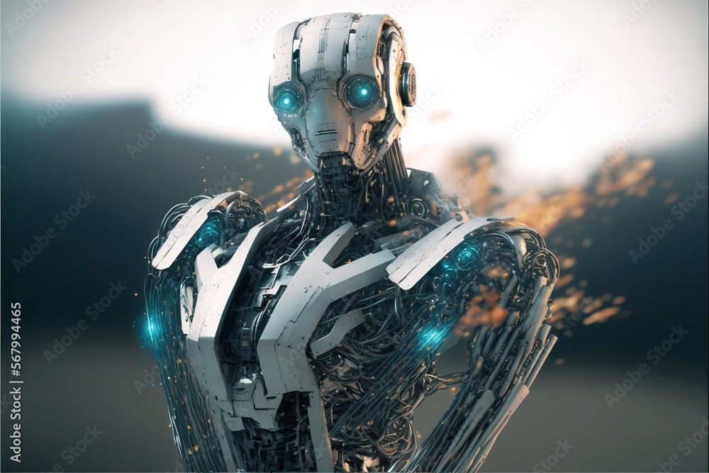Poster a robot with glowing eyes and a body with a body like structure with a large head and arms with a bo