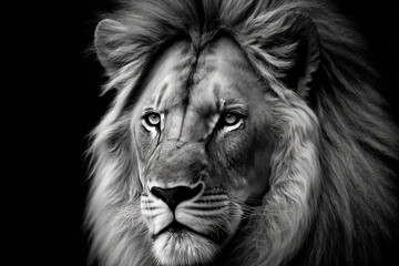 Amazing Black And White Lion Face Looking. Generative AI