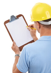 Clipboard space, construction worker and man isolated on a white background for inspection or...